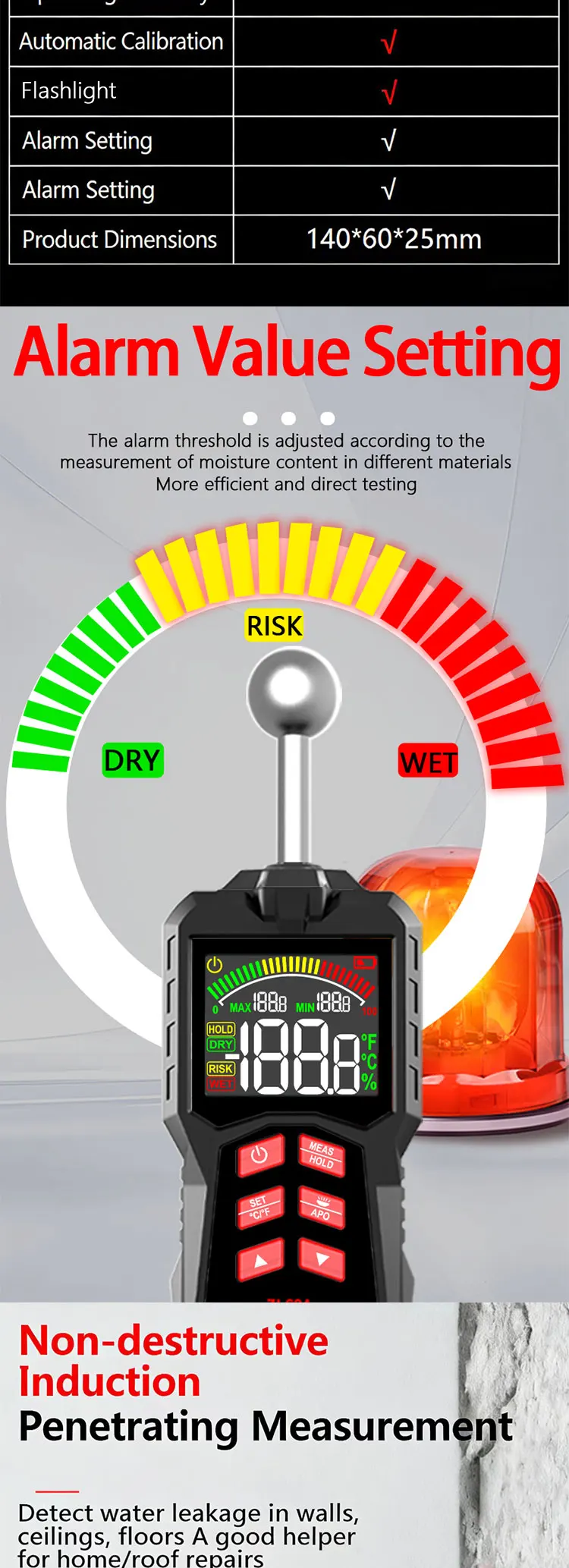 Pinless Holzfeuchtemessgerät, digitales Hygrometer, berührungsloser Holzfeuchtigkeitsdetektor, Wandfeuchtigkeitstester, Typ C, wiederaufladbar – Detail 4