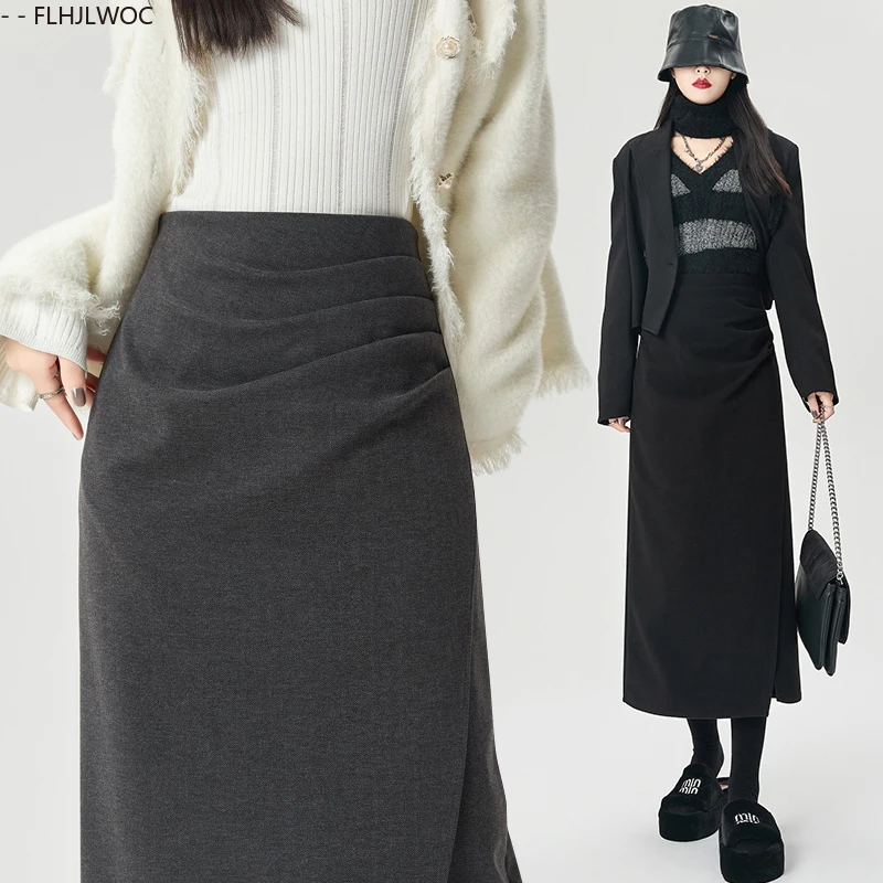 Woolen Skirts New Year Cute Girls 2026 Spring Woman Preppy Style Draped Solid Black High Waist A Line Split Pencil Skirt Long