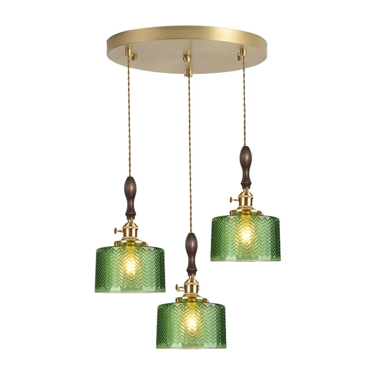 Vintage Green Ribbed Glass Pendant Light with Brass & Wood Top for Kitchen Island Bedroom Bar