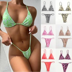 Sexy Triangle Split Swimsuit Striped Print Drawstring Women's Bikini Swimsuit