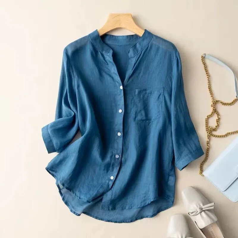 Blue Linen Cotton Lightweight V-Neck Three Quarter Sleeve Single Breasted Women\'s Blouse Shirt Korean Fashion Female Clothing