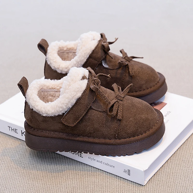 Little Girls Soft Fluffy Collar Leather Boots with Cute Bow 2025 New Winter Kids Warm-lined Boots Non-slip Comfort School Boots