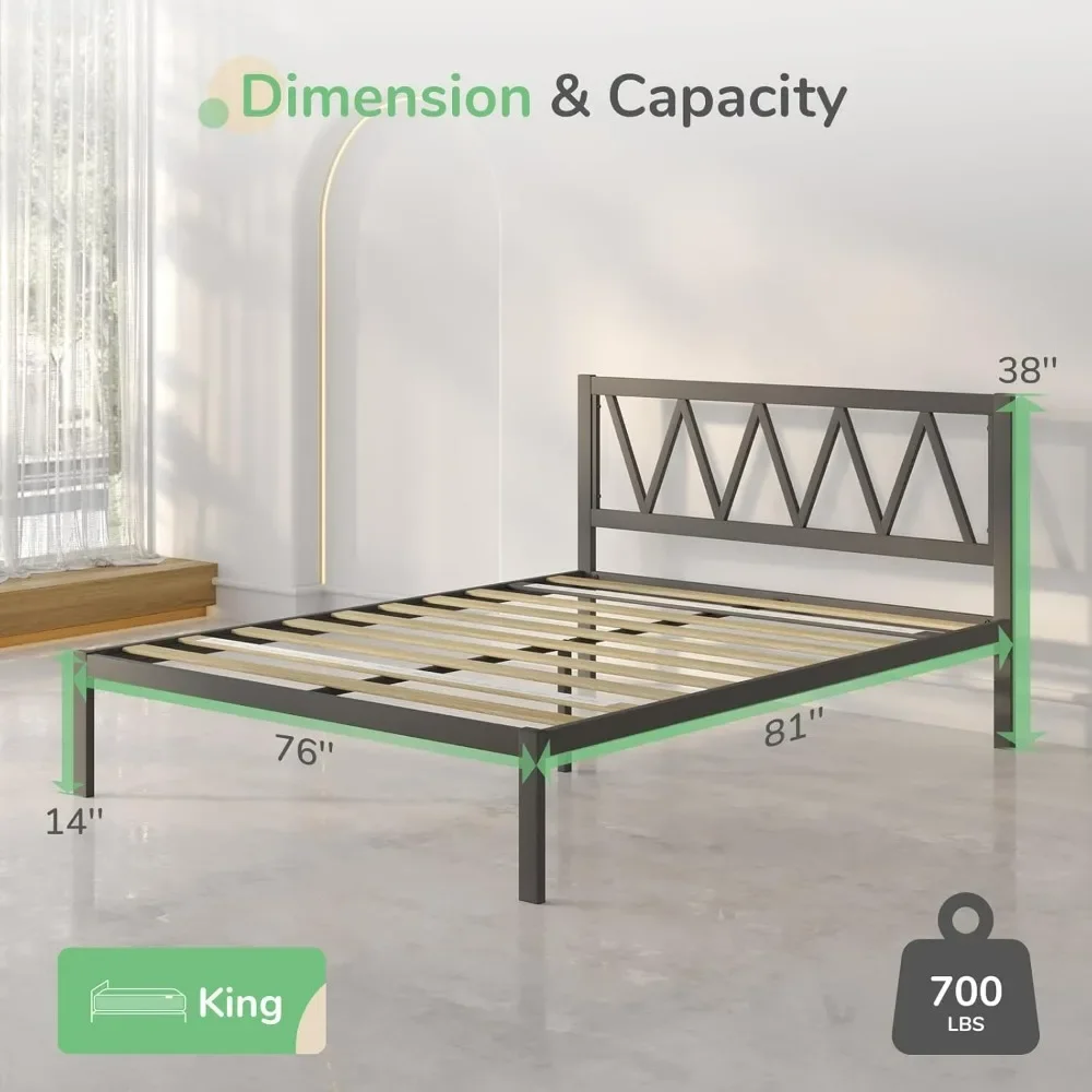 Bed.King Size Bed Frame with Headboard, Metal Platform Bed Frame, Heavy Duty, No Box Spring Needed, Wood Slat Support