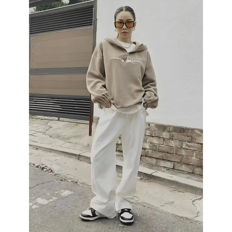 패션 플리스 지퍼 풀오버 탑 빈티지 옷 가을 겨울 자수 스트리트 기본 후드티 신상 여성 후드 스웨트셔츠