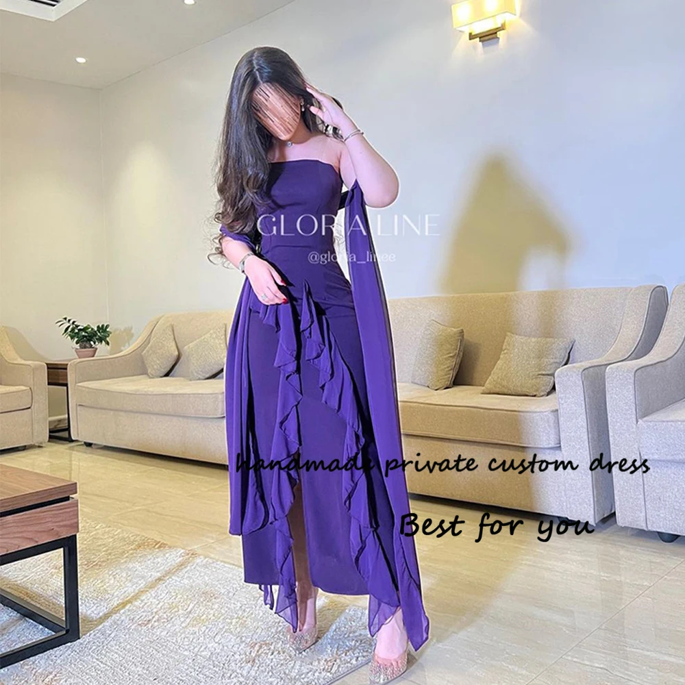 

Purple Chiffon Mermaid Evening Dresses with Slit Strapless Arabian Dubai Prom Dress Ankle Length Formal Occasion Gowns