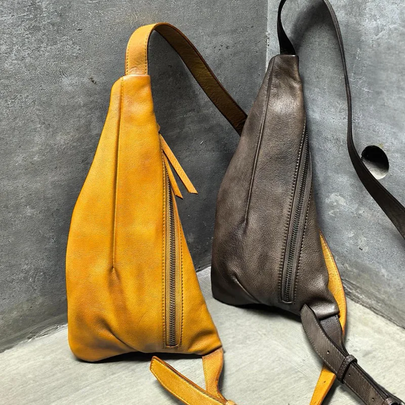 RuilNew Handmade WoMen's Retro Chest Bag Genuine Cowhide Leather Male Crossbody Bags For WoMen Backpack Crossbody Messenger Bags