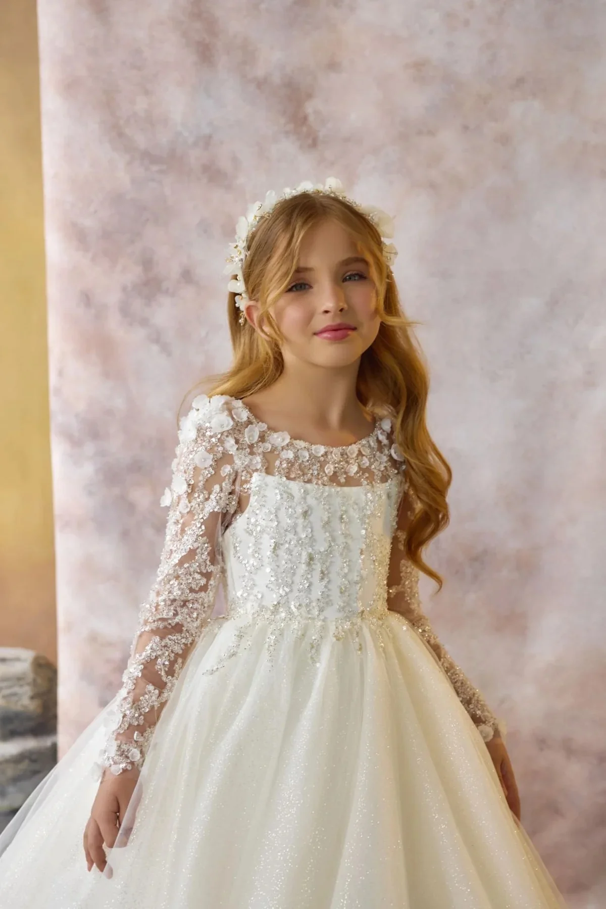 Long Sleeve Flower Girl Dresses For Wedding Beading Tulle Customized Ball Gown Baby First Communion Dresses