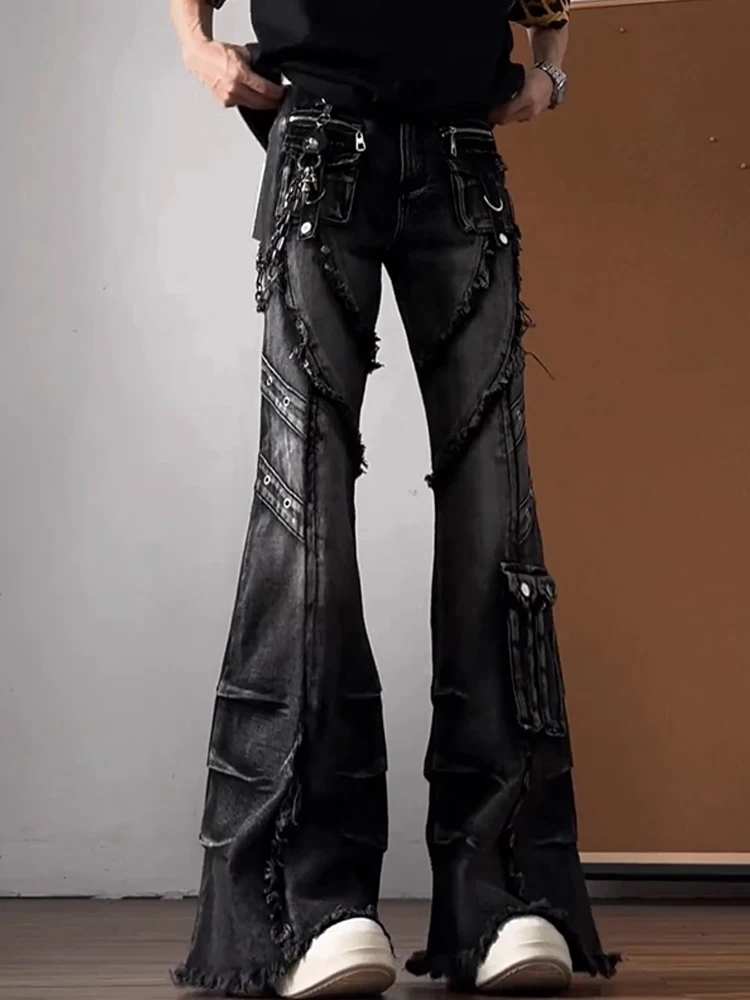 

American High Street Vibe Men's Jeans Bla Waed Deconstructed Design Sensation Pants Cool Micro Flared Long Trousers