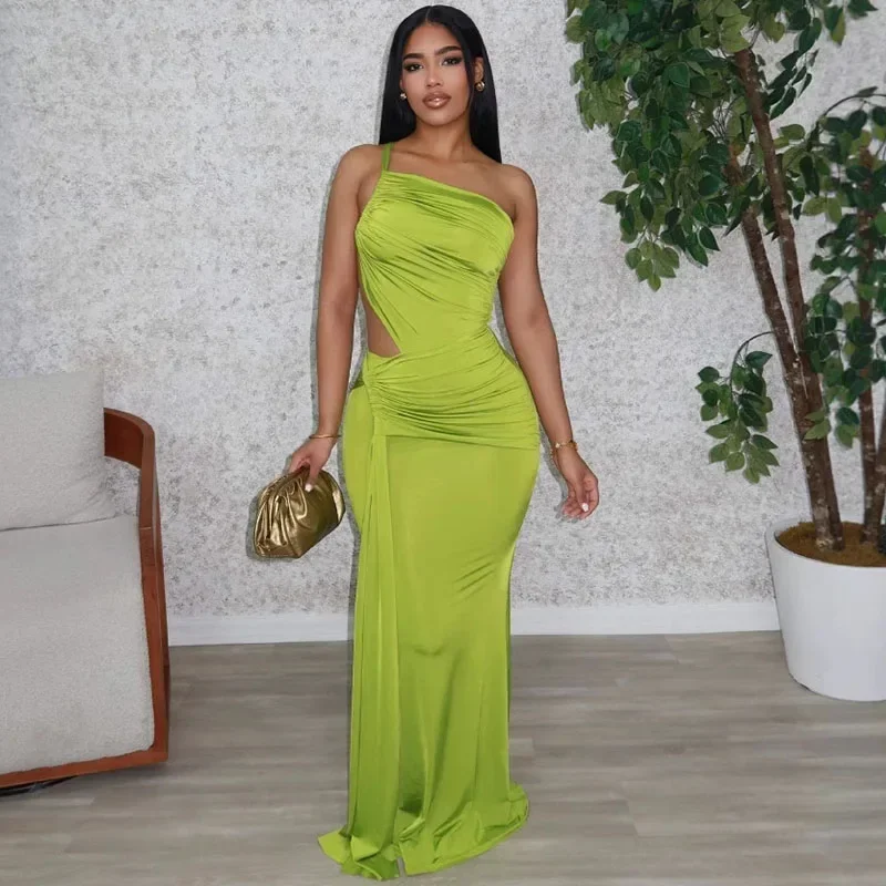 

Elegant Ruched One Shoulder Bodycon Maxi Dress Woman Birthday Night Party Evening Prom Celebrity Formal Long Dresses with Ribbon