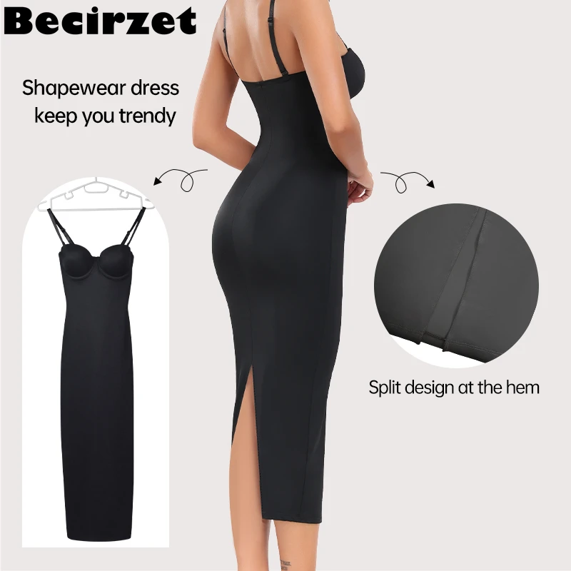 Sexy Girl Shapewear Push Up Slimming Body Shaping Waist Control Women\'s Black Long Backless Slip Dress With Cup