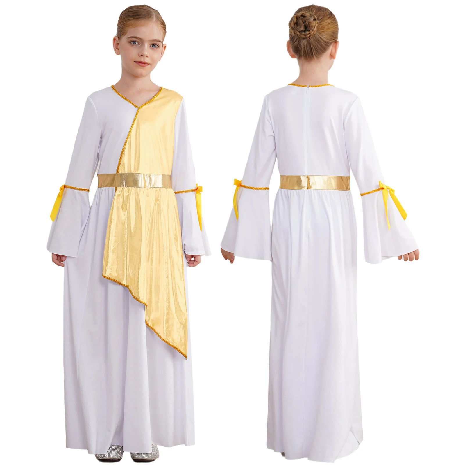 Children Girl Ancient Greek Roman Toga Halloween Greece Goddess Princess Cosplay Costume Long Sleeve Church Choir Worship Dress