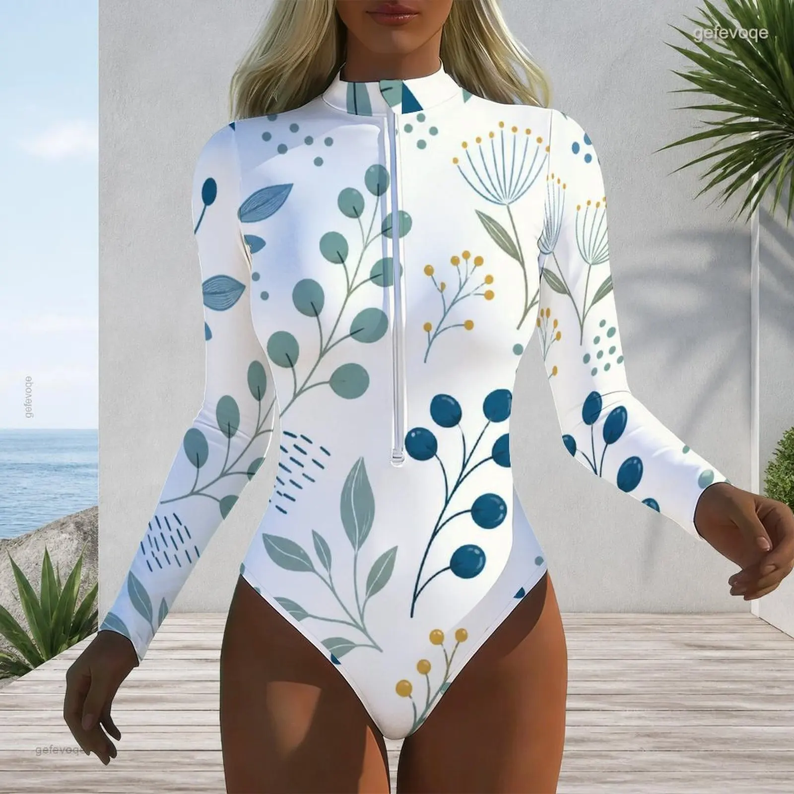 Women High Neck Front Zip Long Sleeve One Piece Printed Swimsuit