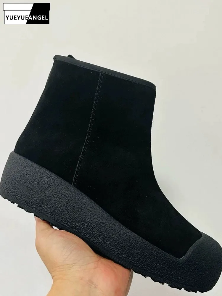 Handmade Men Winter Snow Boots Lady Real Cow Suede Leather Thick Platform Comfortable Round Toe High Top Warm Wool Lining Shoes
