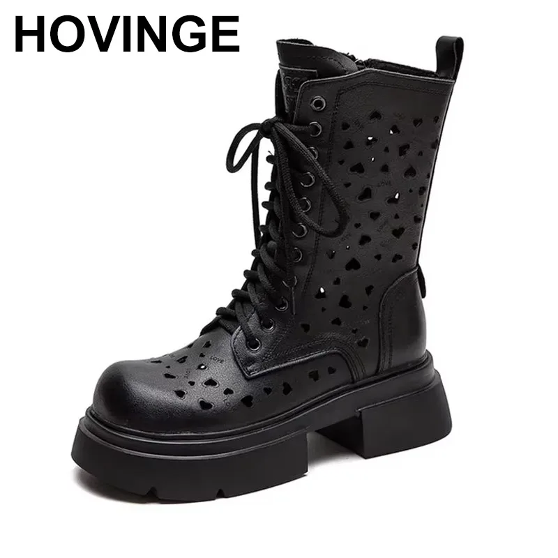 

2025 Ankle Boots Women Genuine Cow Leather Hollow Cut Out Shoes High Top Bootie Round Toe Fashion Female Shoes Handmade