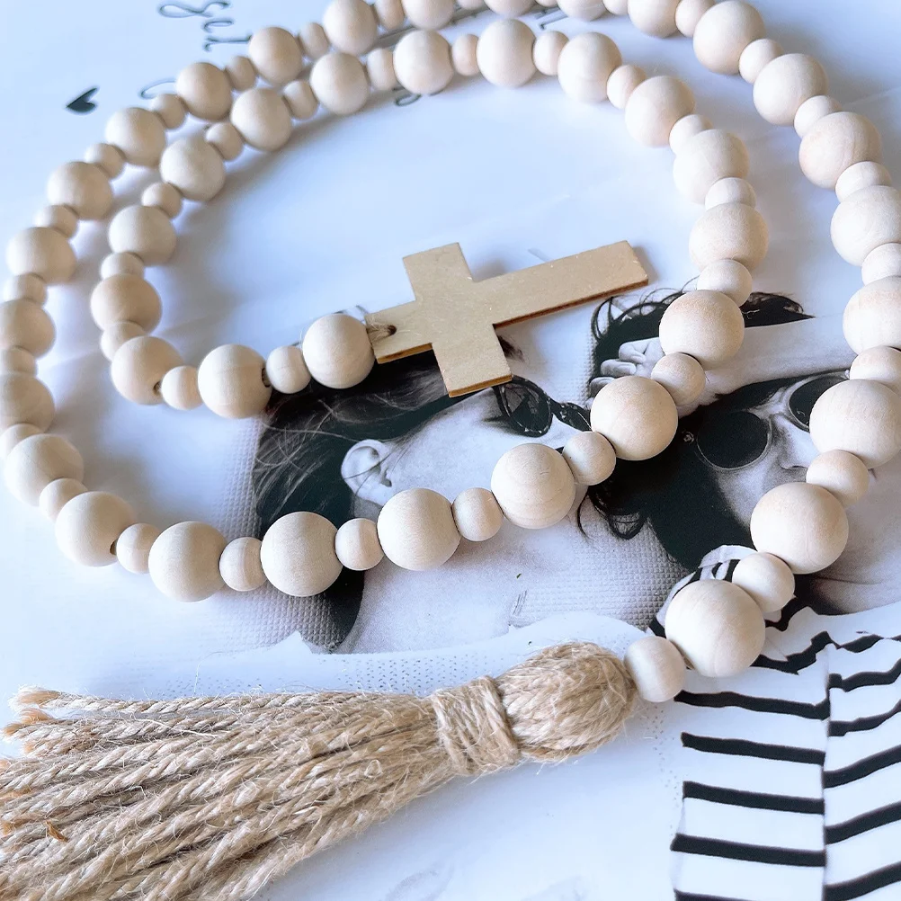 Easter Wooden Beads Tassel Pendant Cross Design Linen Rope Hanging Decoration Festive Scene Wood Bead Pendant