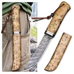 Swedish Damascus Steel hunting straight knife, Hidden wood outdoor survival hunting knife, EDC tool knife, collection gift knife
