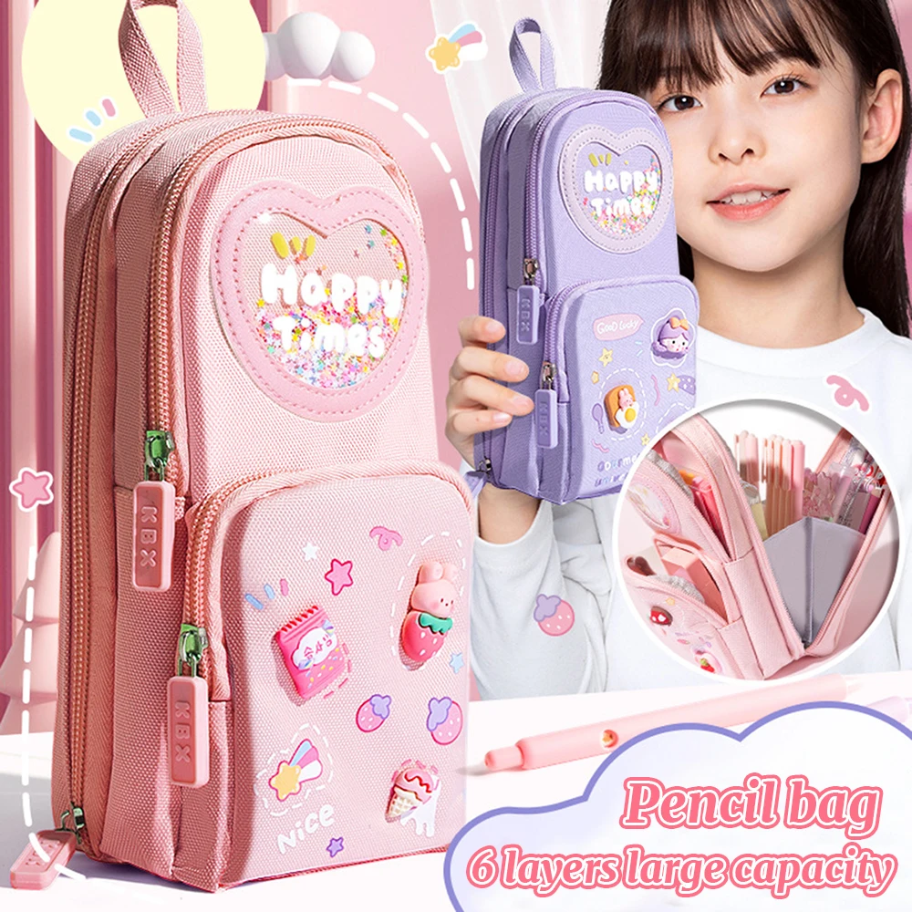 Kawaii 3 Layer Backpack Pencil Case Large Capacity Standing Cute Cartoon Pen Bag Pouch School Supplies Stationery for Girls