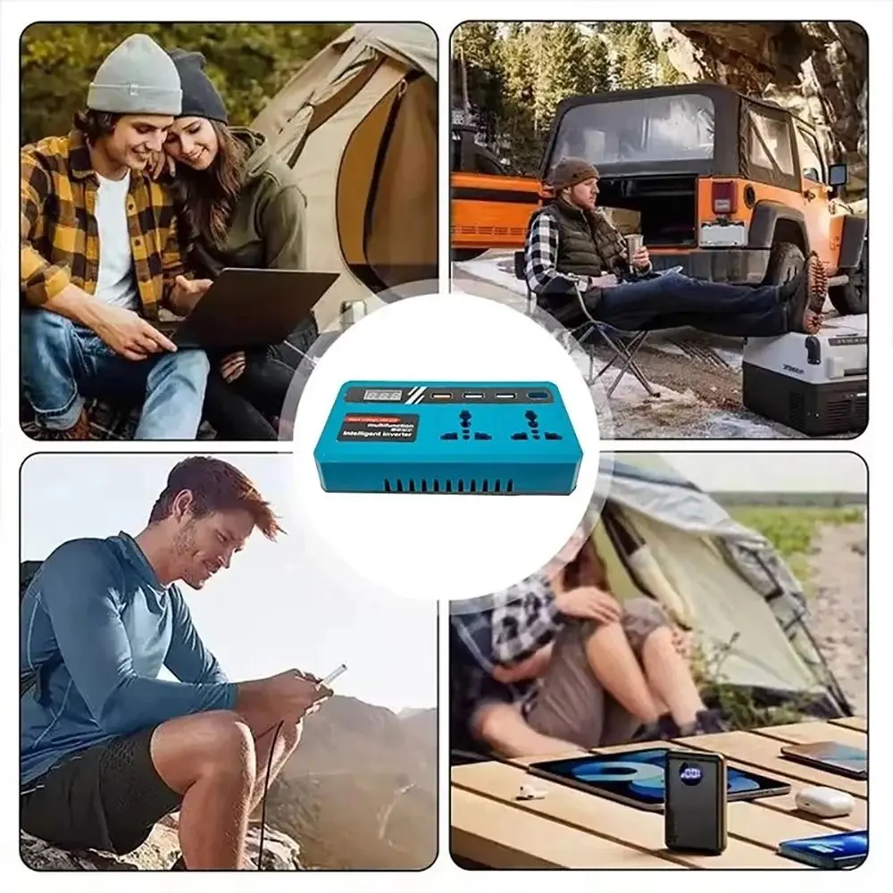 

Инвертор для аккумуляторов 18В/20В в 220В, 1 шт., с 4 USB-портами, светодиодной подсветкой, многофункциональный, умный трансформатор, бытовой, 120Вт, для работы на улице