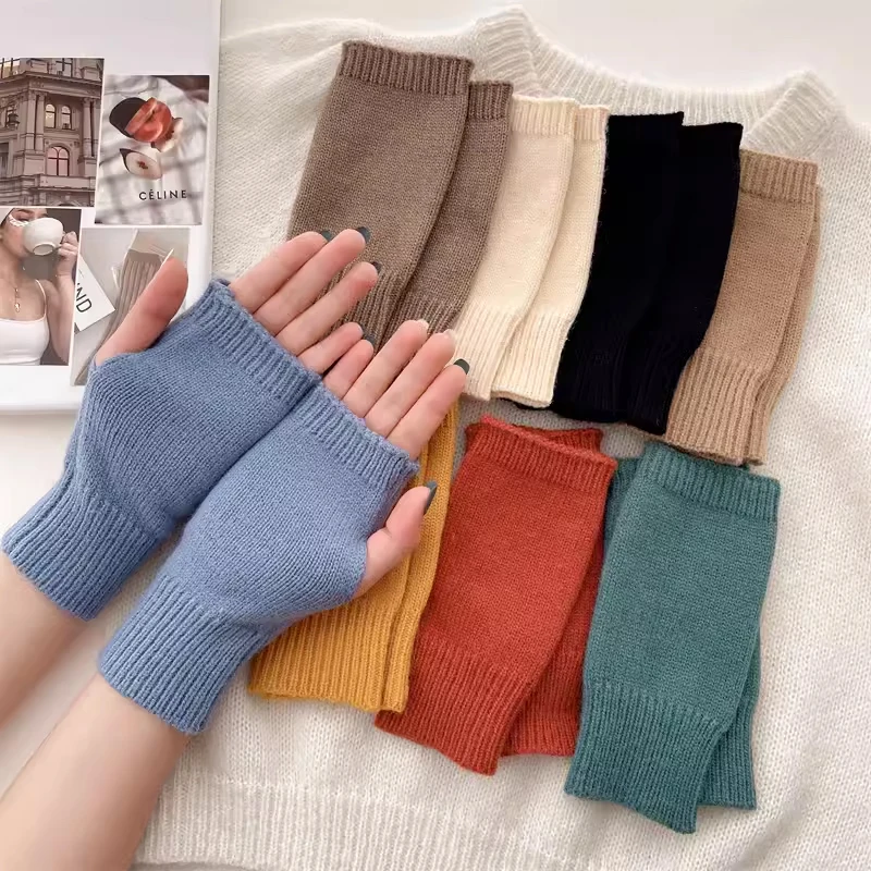 

Winter Warm Fingerless Knitted Gloves For Women Solid Color Elastic Mittens Crochet Knitting Wool Half-finger Gloves Arm Warmers