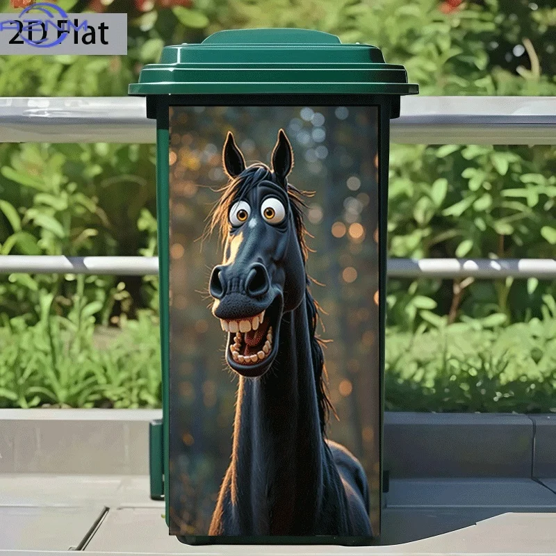 1pc Smiling Black Horse Garbage Can Sticker |  Self-Adhesive Wall Decal For Plastic Trash Bins, Kitchen Decor, Home Wall Decor