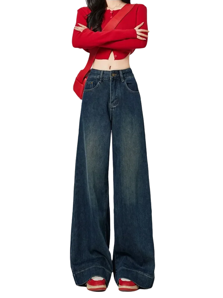 New Slim Fashion Woman Jeans New Retro Blue High Waist Women Jeans Blue Street Casual Loose Wide Leg Pants Female Chicly