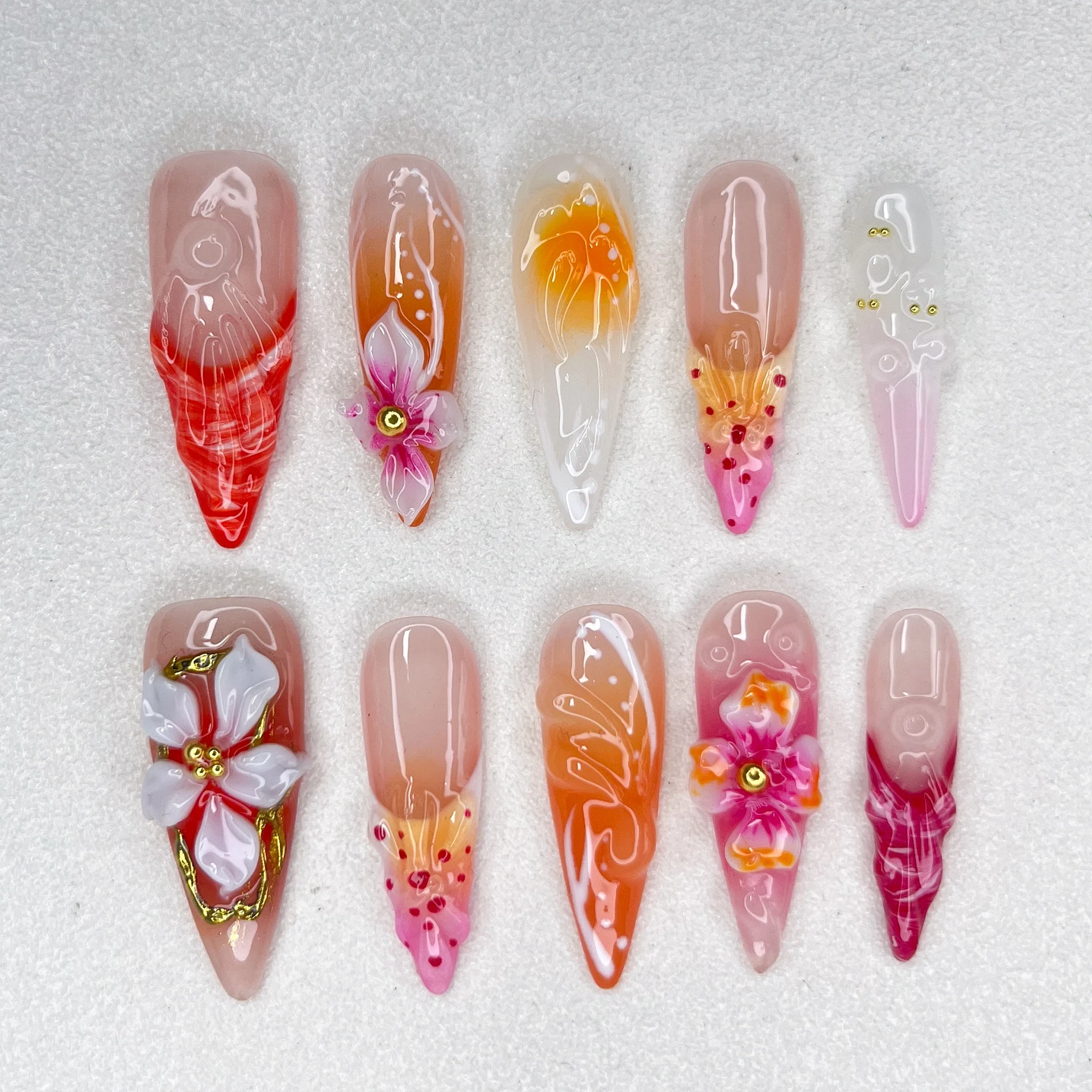 

New Press on Nails Handmade Long Tip Length Flower 3D Relief Mandarin Duck Design Female Nail Decoration