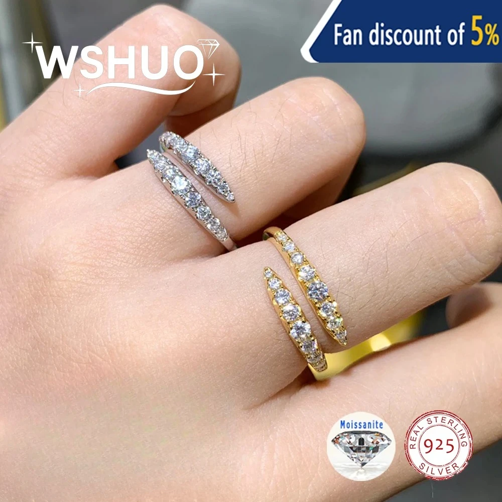

WSHUO 0,45 карата D цвет полный муассанит кольца для женщин 100% стерлинговое серебро S925 позолоченные 18 К обручальные кольца с двойным отверстием ювелирные изделия