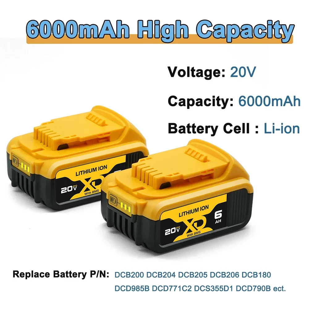 

20V 6Ah DCB200 20V Battery Compatible with For Dewalt Power Tools 20V 6Ah Rechargeable Electric Tool Lithium Batteries 18V/20V