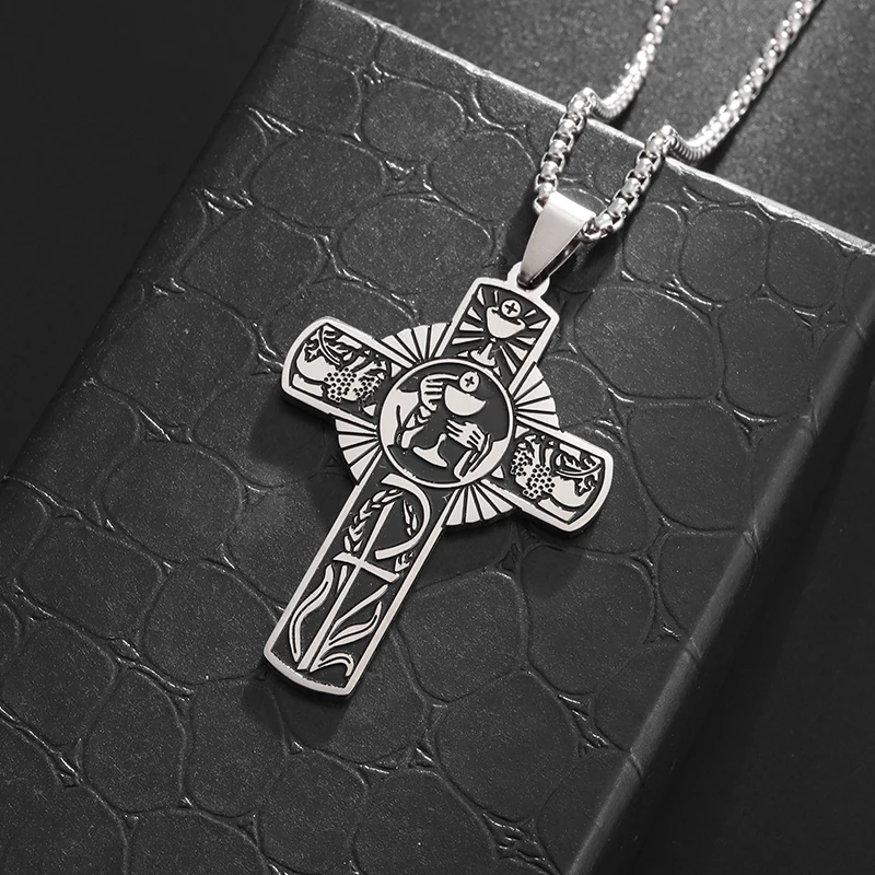 Exquisite Stainless Steel Christian Eucharistic Halo Cross Pendant Necklace for Men Women Catholic Holy Spirit Church Jewelry