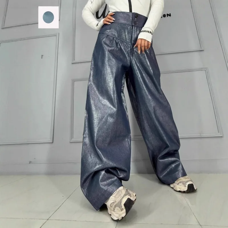 

Fashion Women'S High Waist Leather Casual Wide Leg Pants Metal Hip Hop Y2K Punk Korean Grunge Buttons Trousers Streetwear