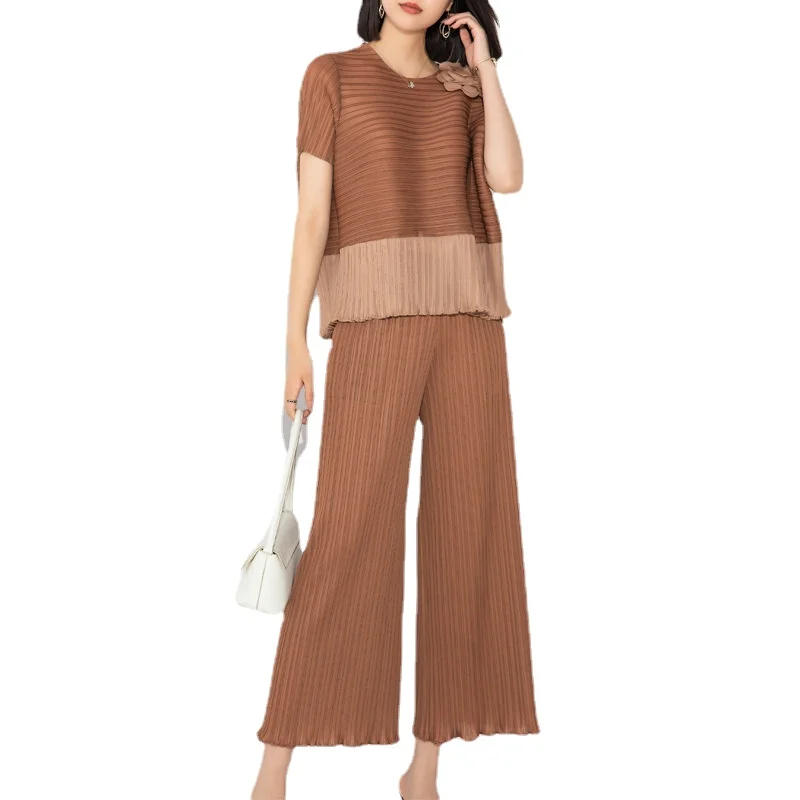 Miyake Pleated Fashion Set Two-Piece Women 2023 Summer New Contrast Color Pullover Top High Waist Tight Edge Straight-Leg Pants