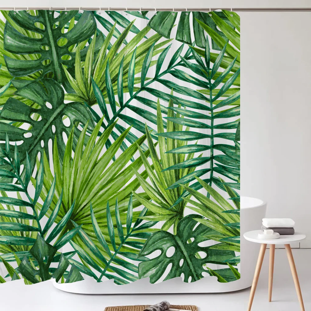 Green Tropical Plants Shower Curtain Bathroom Waterproof Polyester Shower Curtain Leaves Printing Curtains for Bathroom Shower