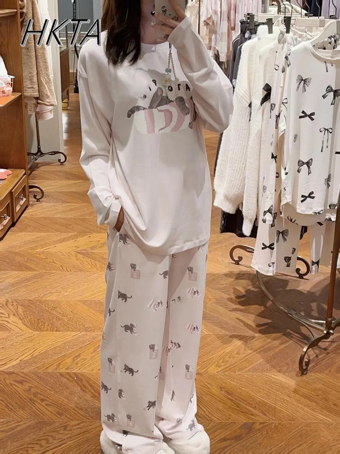 Cute Cartoon Thin Couple Pajamas Loose Casual White Long Sleeves Sweet Lolita Women Sleepwear Loungewear Top and Pants Outfit