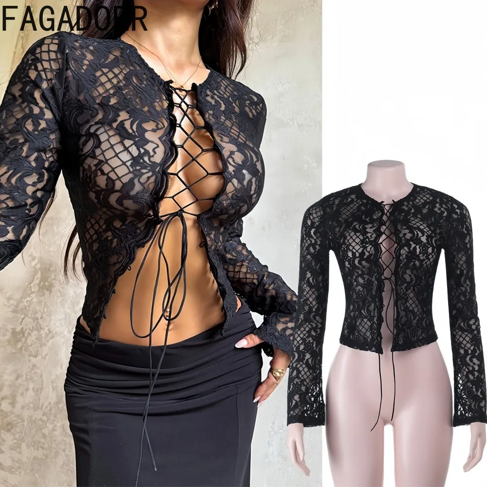 

FAGADOER Sexy Lace See Through Bodycon T-shirt Women Solid Long Sleeve Bandage Patchwork Tshirt Female Streetwear Clothing 2025
