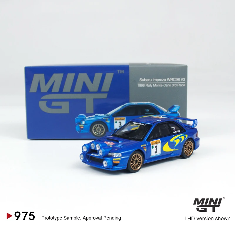 مينيجت 1:64 سوبارو امبريزا WRC98 1998 رالي مونتي كيرلو المكان الثالث # 3 سيارة معدنية زرقاء MGT موديل 975 #1