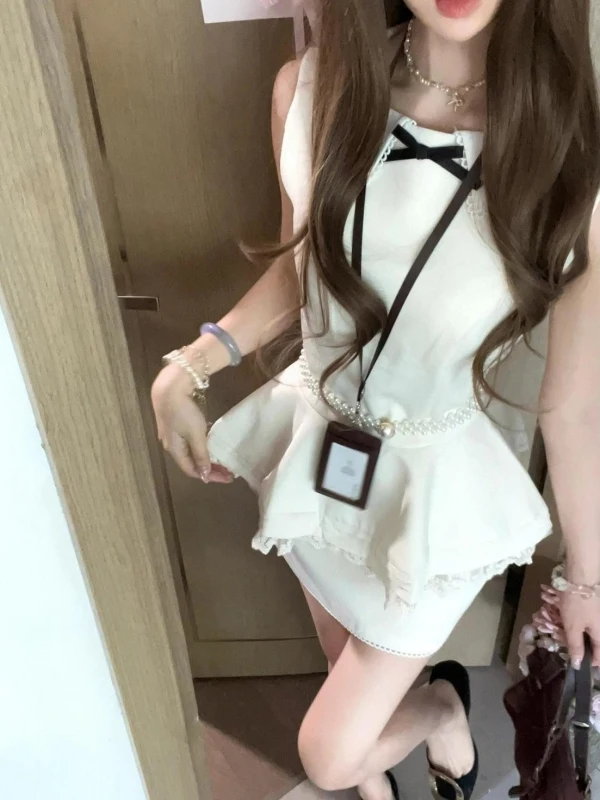 

Summer New Sweet Doll Collar Knot Lace Trim Sleeveless Top And Wrap Skirt Two Piece Set French Style for Women