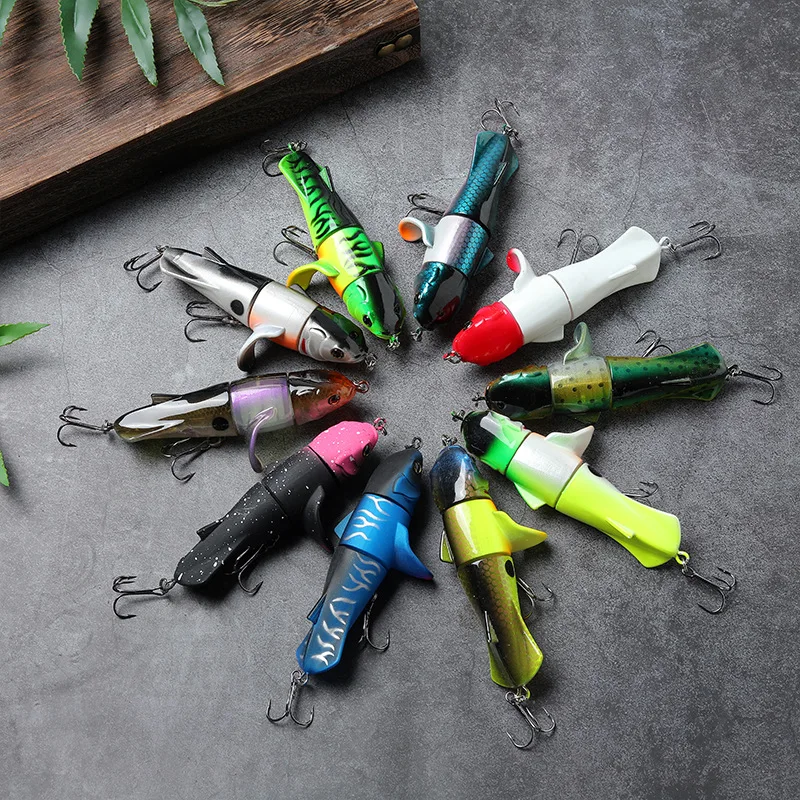 CIBO 1pc-110mm 24g Topwater Plopper Lure 3-Segment Swimbait with Swivel Fin Steel Ball for Bass Fishing