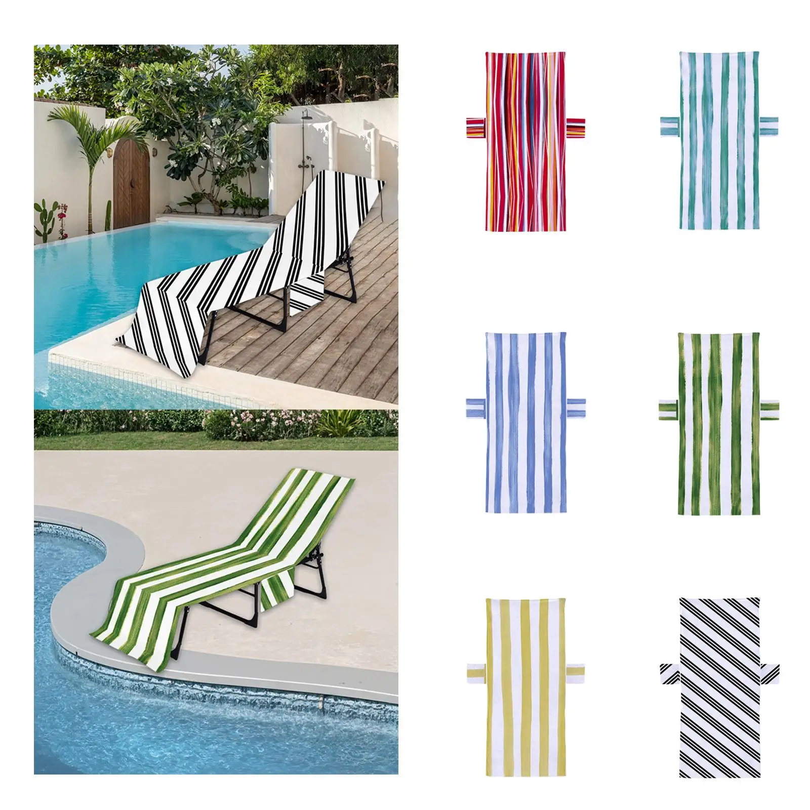Beach Chair Cover Comfortable Versatile Stripe Lounger Towel with Pocket for Travel Sunbathing Outdoor Swimming Pool Water Park
