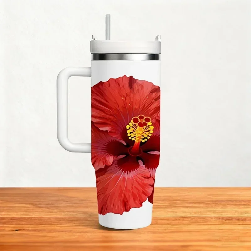 Vibrant Red Hibiscus Floral 40Oz Stainless Steel Tumbler, Digital Print Ruffled Petal Design with Green Leaves, Insulated Drink Cup for Everyday Use, Outdoor Trips & Beverage on The Go