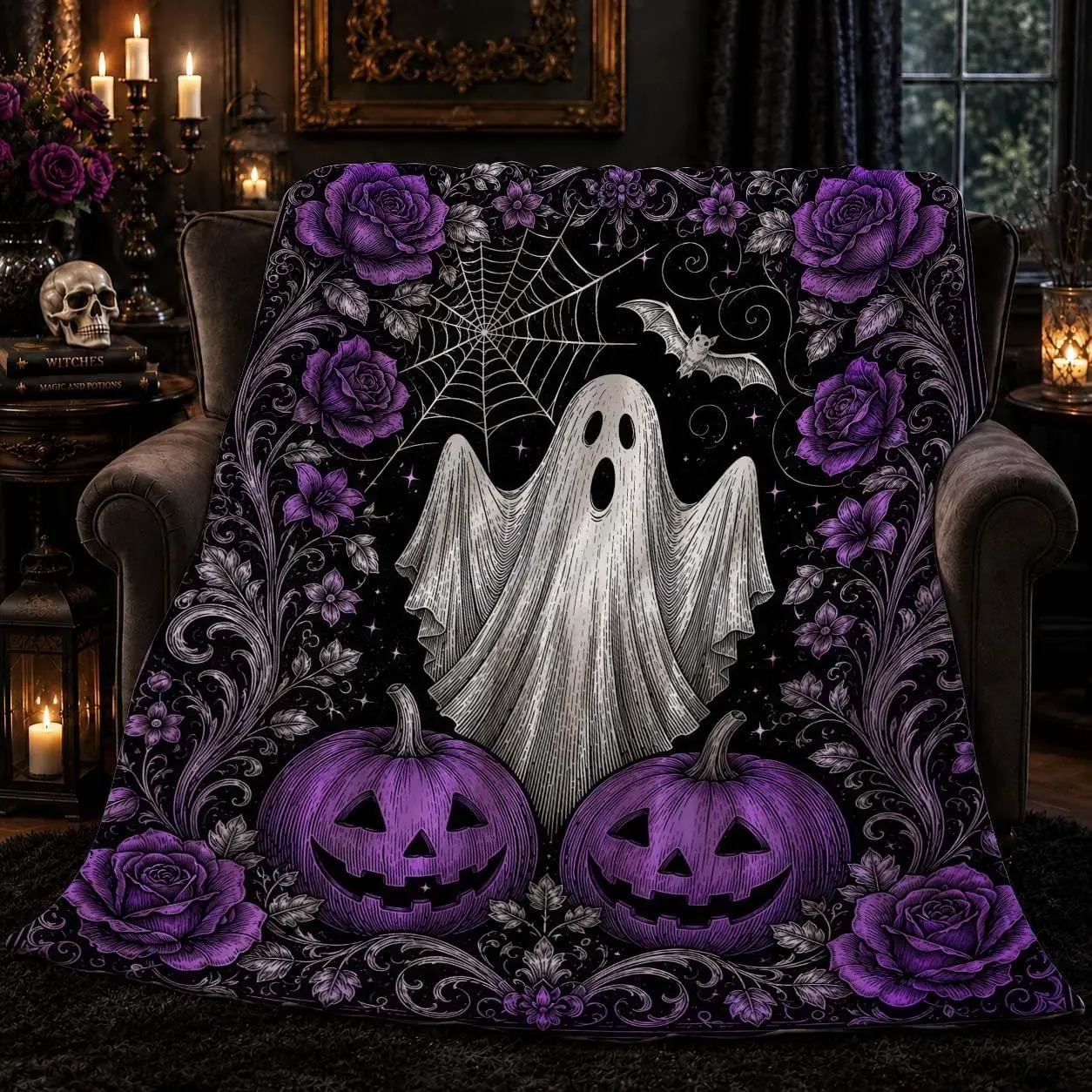 MASLEK Purple Ghost Halloween Flannel Blanket Gothic Floral, 50 x 60 inch |   Soft flannel throw with ghost pumpkin and rose design for sofa reading and Halloween decor as a birthday or holiday gift