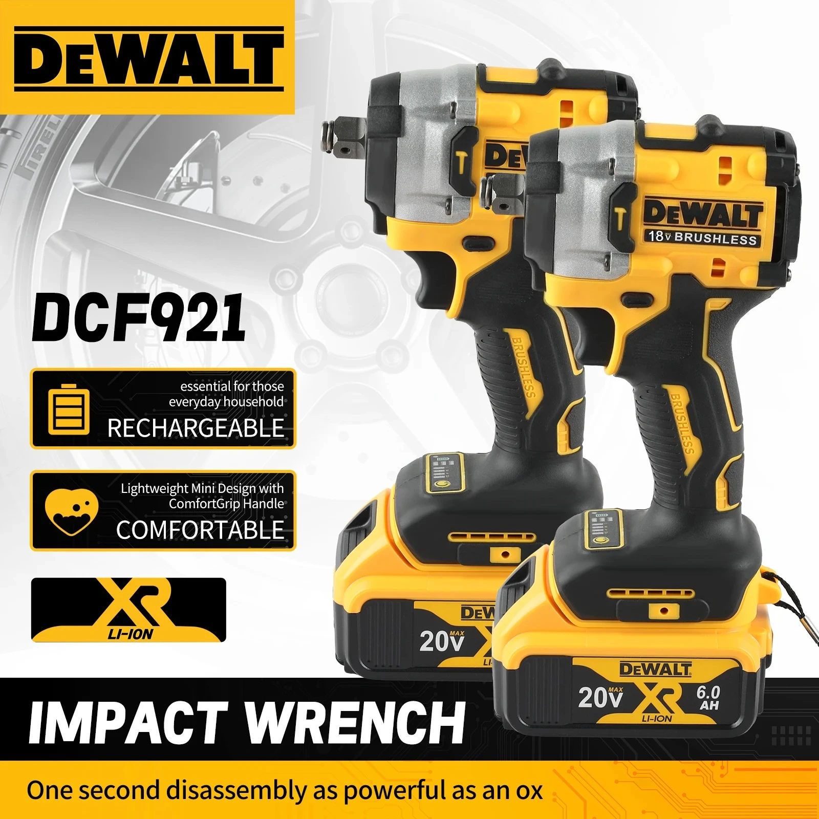 Dewalt Atomic  Maximum Cordless Wrench  DCF921 1/2 inch Cordless Impact Wrench Variable Speed Charging Wrench 20V Battery
