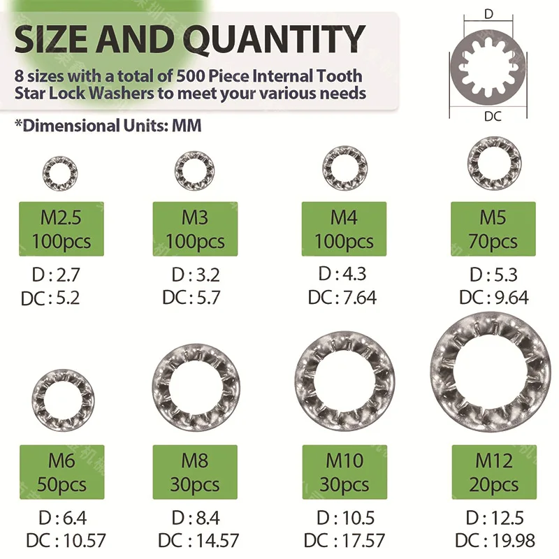 500Pcs Internal & External Tooth Lock Washers Assortment Kit, Spring Stainless Steel M2.5-M12