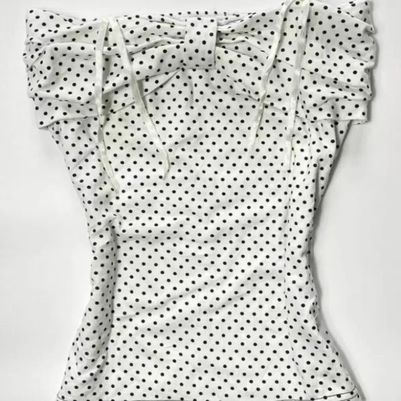 

American Retro Polka Dot Print Sleeveless Camisole Harajuku Bow Binding Halter Vest Sweet Subculture Popular Vintage Hottie Tops