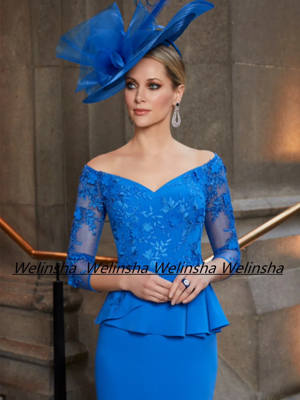 Woman Wedding Guest Dresses Peplum Party Gown Three Quarter Sleeves V Neck Knee Length Sheath Mother of The Bride Dress