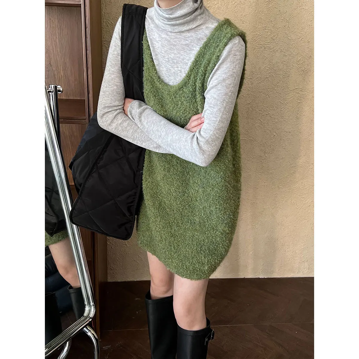 Casual estilo coreano atmosfera u-pescoço solto ajuste emagrecimento em camadas de lã laço de malha colete vestido ss652 vestido robe feminino