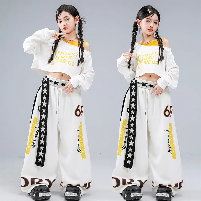 

Детская одежда в стиле K-pop и хип-хоп: белая многослойная укороченная футболка и повседневные широкие спортивные брюки для девочек, костюмы для уличных танцев