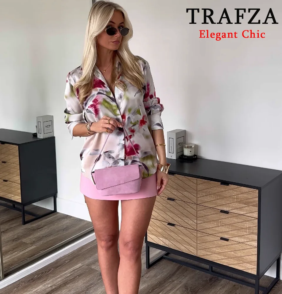 

TRAFZA женская атласная рубашка с романтическим принтом, рубашка с пуговицами и лацканами, новинка 2025, модные повседневные рубашки для весенних праздников и отпуска