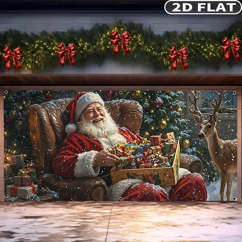 

1pc Large Santa Claus Christmas Garage Door Decorations, Christmas Door Banner - Durable Polyester, Vibrant Holiday Scene