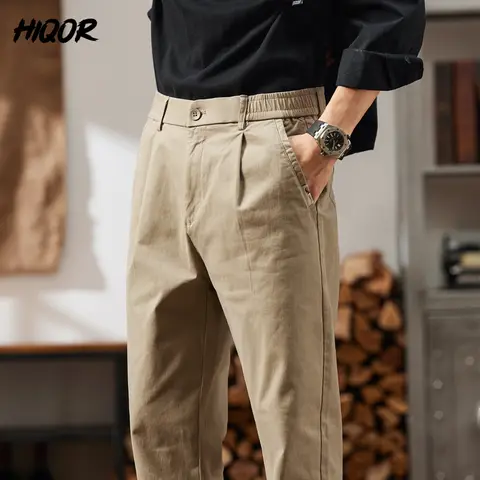 HIQOR 남성 탄성 허리 카고 바지 남성 코튼 캐주얼 바지 남성 작업복 Hombre 스트레이트 바지 남성 빅 사이즈 28-38