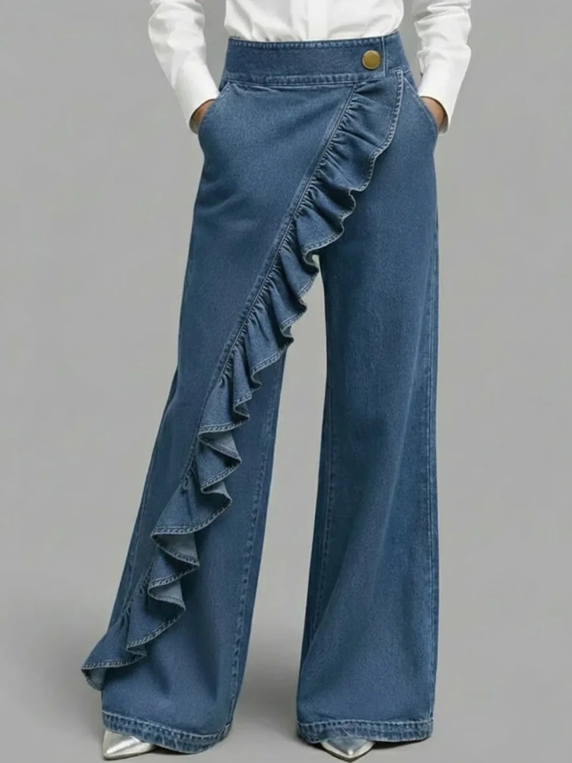 Women's High Waist Wide Leg Pants Asymmetric Ruffle Hem Denim Trousers Vintage Washed Loose Long Jeans 3 Colors